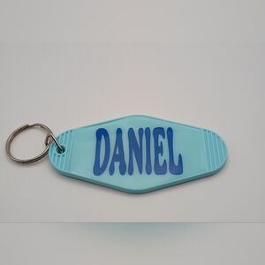 Personalized Daniel Name Blue Motel Retro Styled Keyring